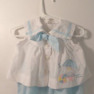 Baby Blue White Striped Sunsuit Romper and Shirt 18 Months Vintage